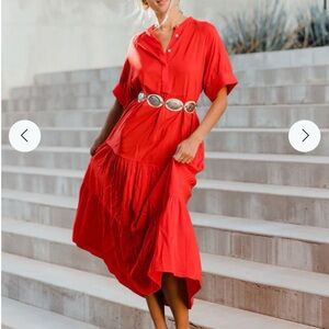 Red Midi Dress With Button Front